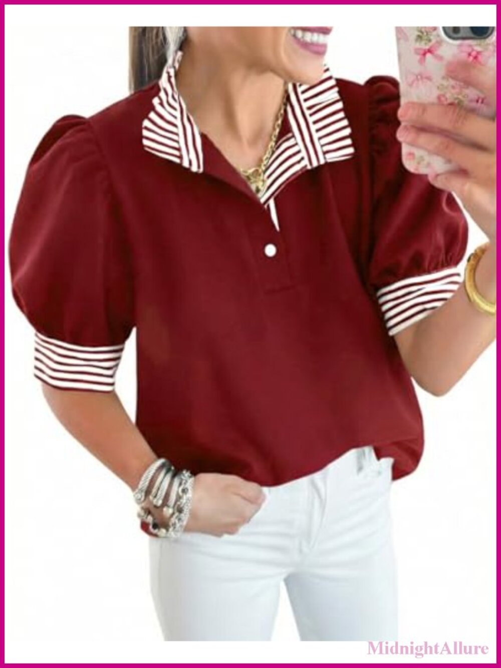 Women's Striped V-Neck Puff Sleeve Blouse, Soft Stretch Knit Top